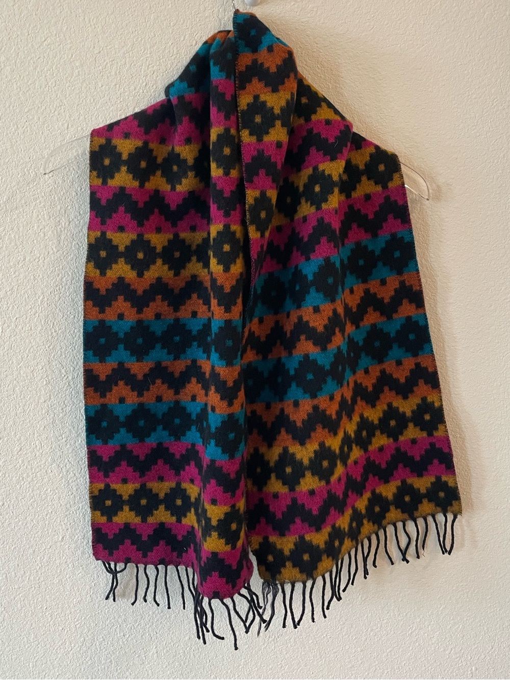 Vintage Benetton Geometric Pattern Fringe Scarf - Multicolor Wool